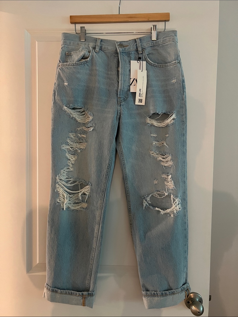 Zara Light Blue Distressed Boyfriend Jeans